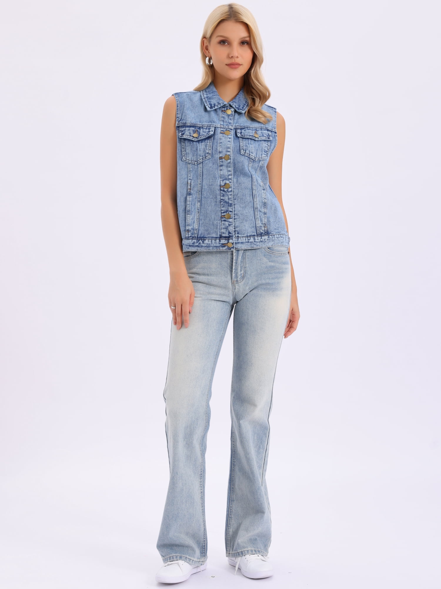 DARING DIVA Womens Denim Vest Button Down Jacket Sleeveless Jean Jacket M Wash Blue