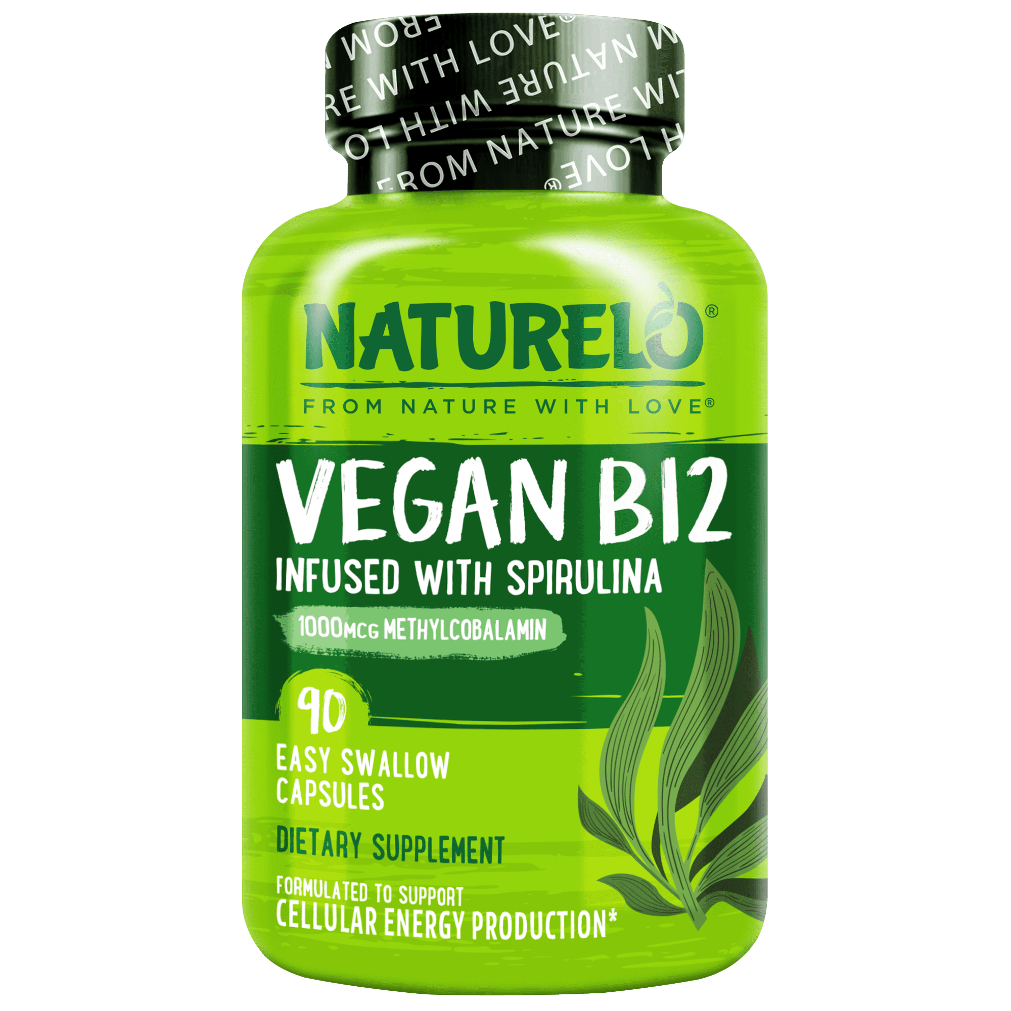 NATURELO Vegan B12 - Methyl B12 With Organic Spirulina - High Potency Vitamin B12 1000 mcg Methylcobalamin - Supports Healthy Mood, Energy, Heart & Eye Health - 90 Capsules