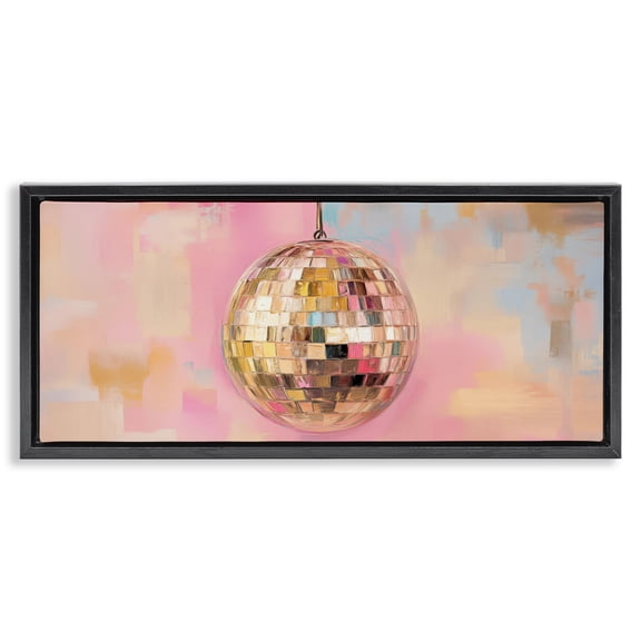 Stupell Industries Gold Hued Disco Ball Music Painting Black Floater Framed Canvas Art Print Wall Art, 25 x 11