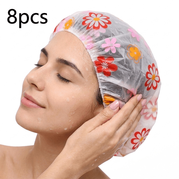 ROSEXIXI Waterproof Shower Cap 8 Pcs Reusable Floral Women Hat Cute Lace Edge Bathing Head Covers To Keep Hair Dry Large 10.63in Elastic Water Hat For Women Kitchen Salon And Toddler Baby Shower Cap