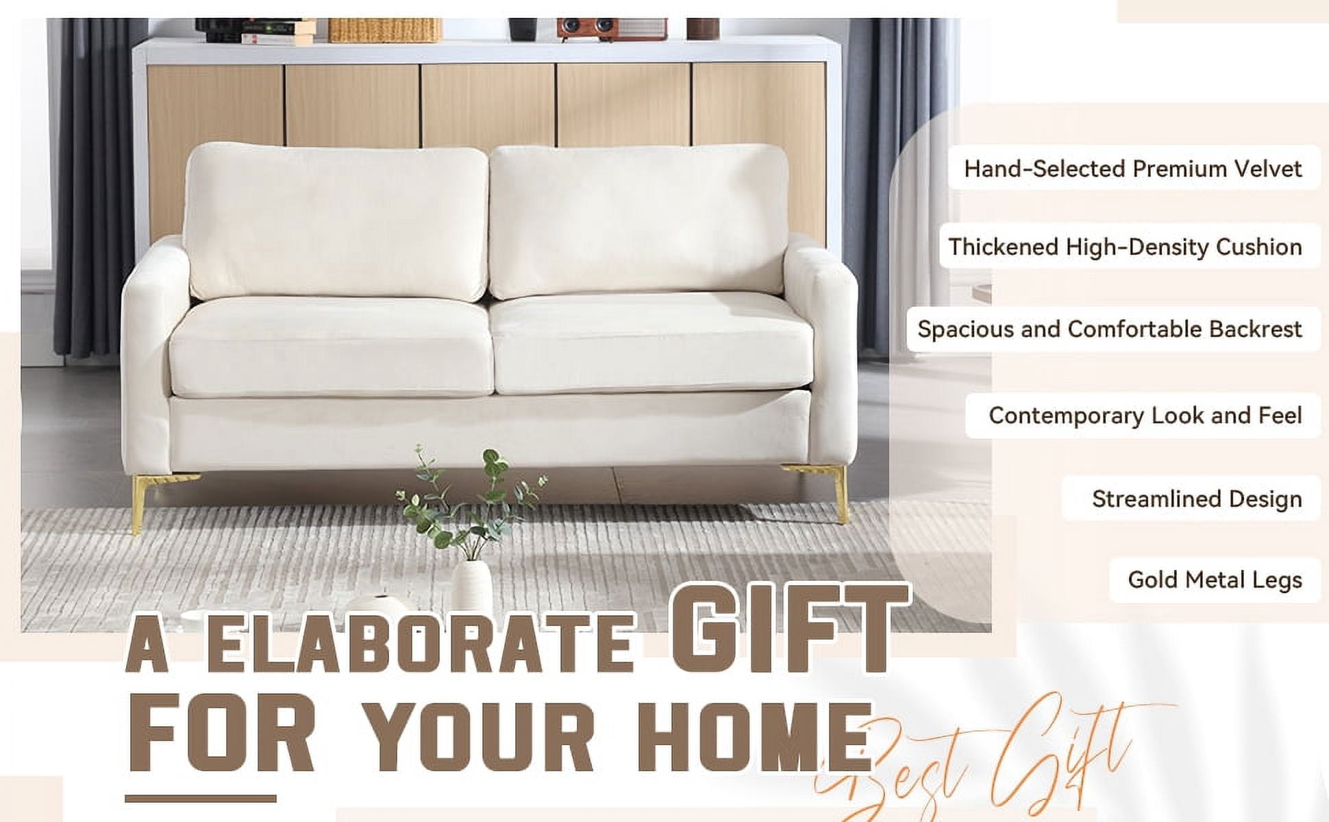 Lunale 65" Loveseat Sofa, Deep Seat Cloud Couch, Modern Velvet Living Room Sofa, Beige