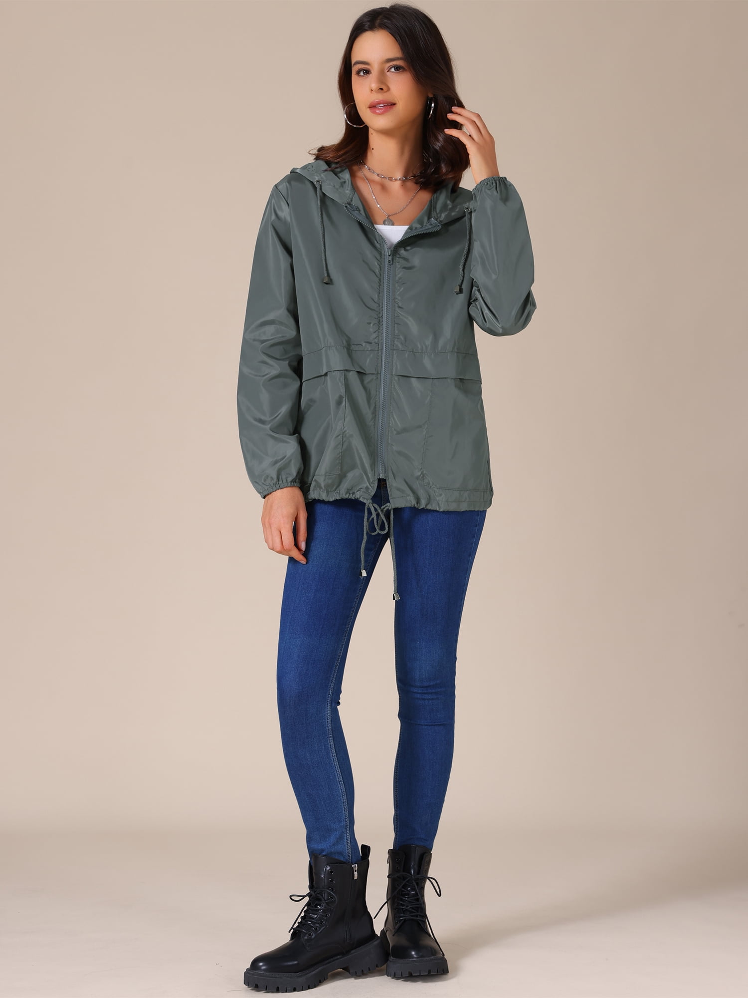 DARING DIVA Women's Lightweight Windbreaker Jacket with Hood Pockets S Dark Grey