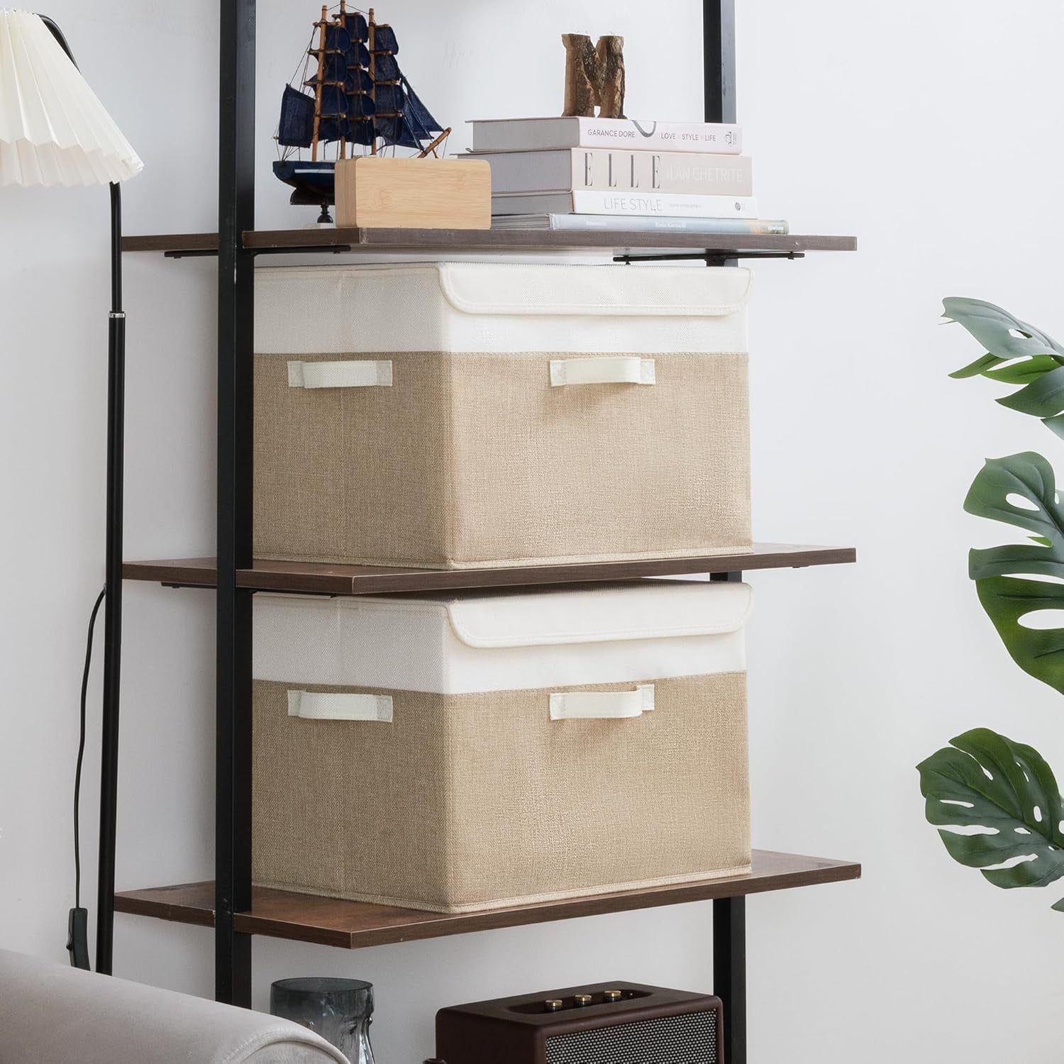 GRANNY SAYS Extra Large Storage Boxes with Lids, Decorative Storage Bins, Shelf Baskets, Clothes Storage and Organization, White/Khaki, 2-Pack