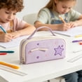 thumbnail image 2 of Large Capacity Pencil Case,Cute Plaid Star Embroidery Decor Portable Pencil Pouch for Home Office Workplace,Purple, 2 of 9
