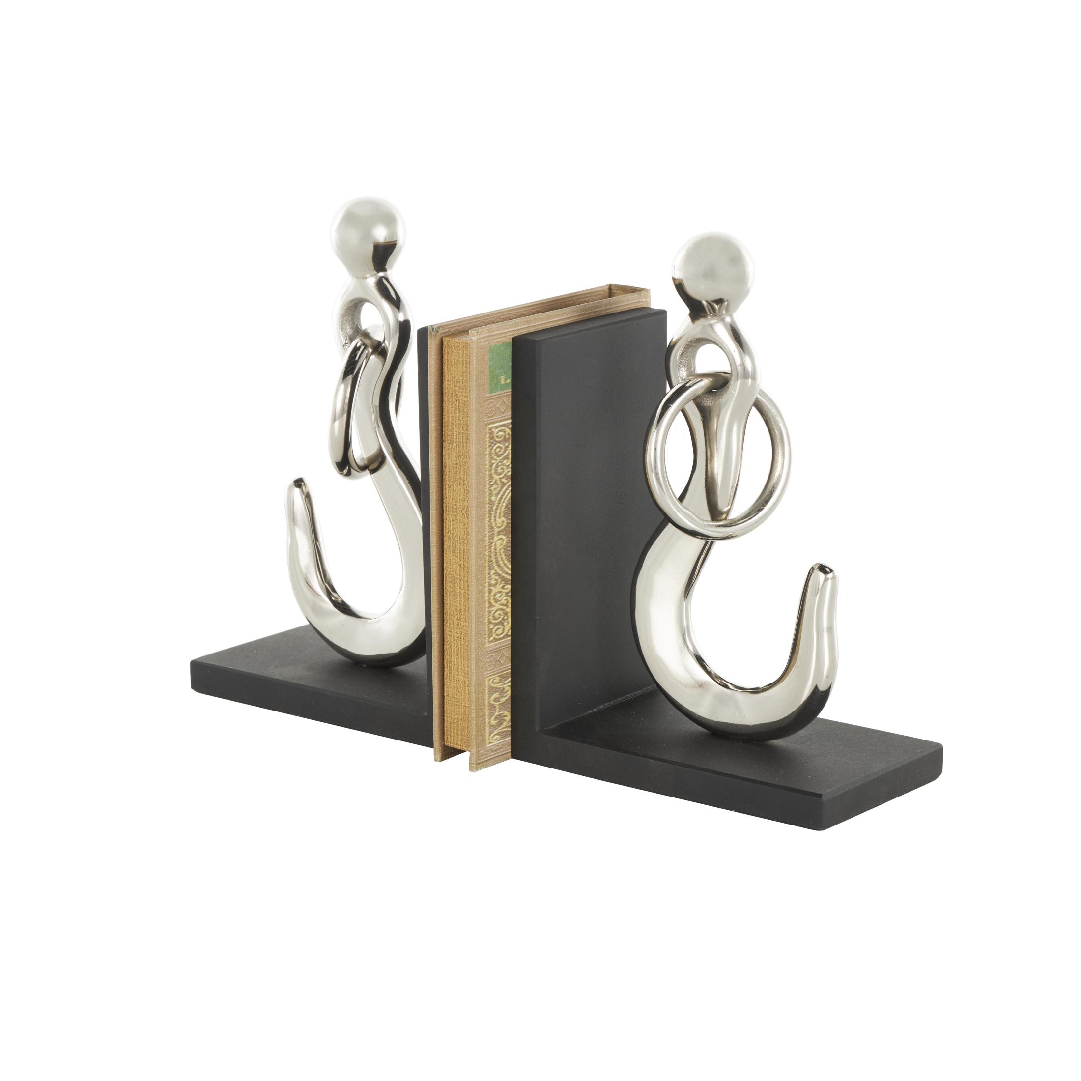 DecMode 7" Hook Silver Aluminum Metal Bookends with Black Bases (Set of 2)