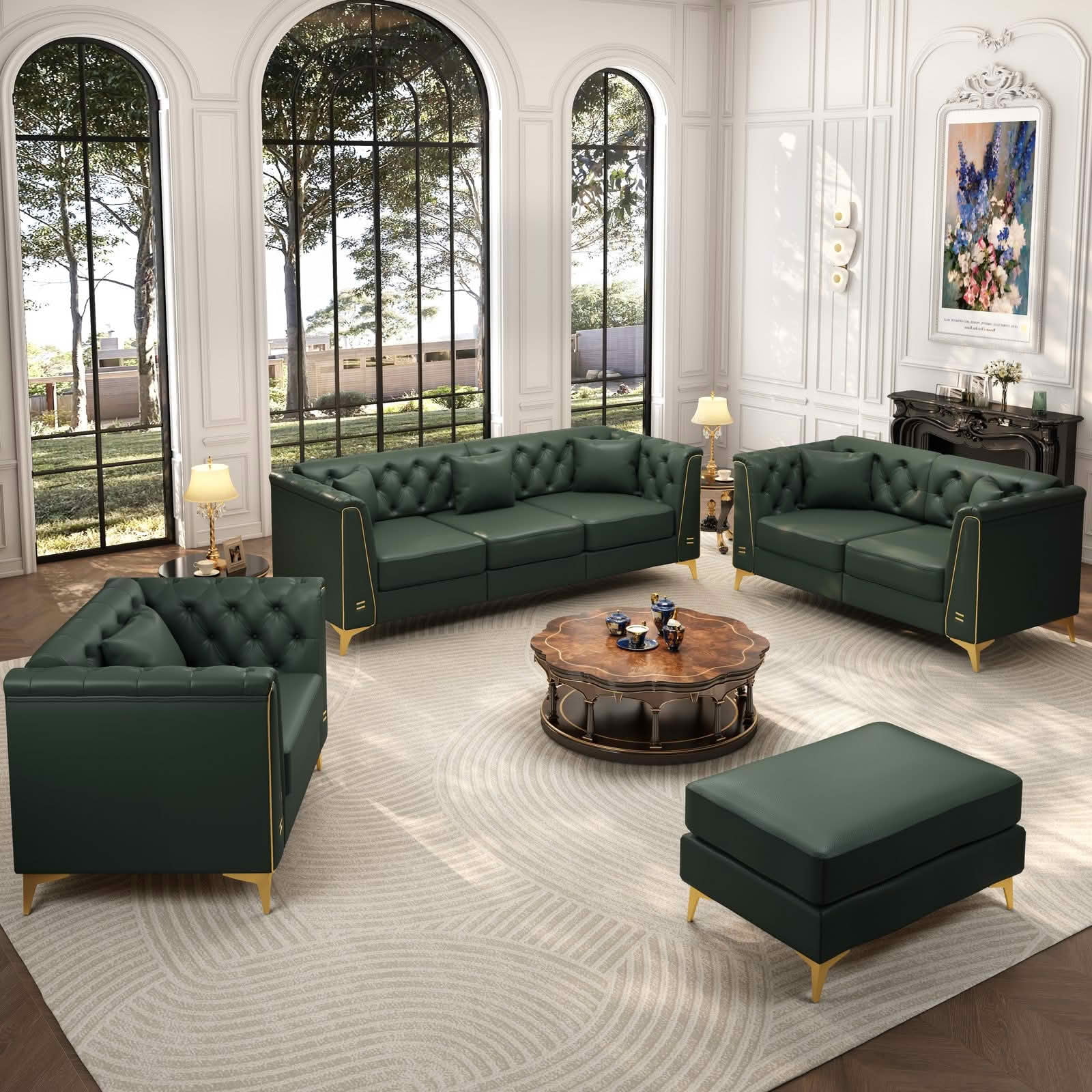 MAYEERTY Light Luxury Modular Chesterfield Sectional Sofa Set, Faux‑Leather Combination with Button Tufting, Metal‑Trim Armrest & Slim Metal Legs, 6 Pillows Included for Living Room