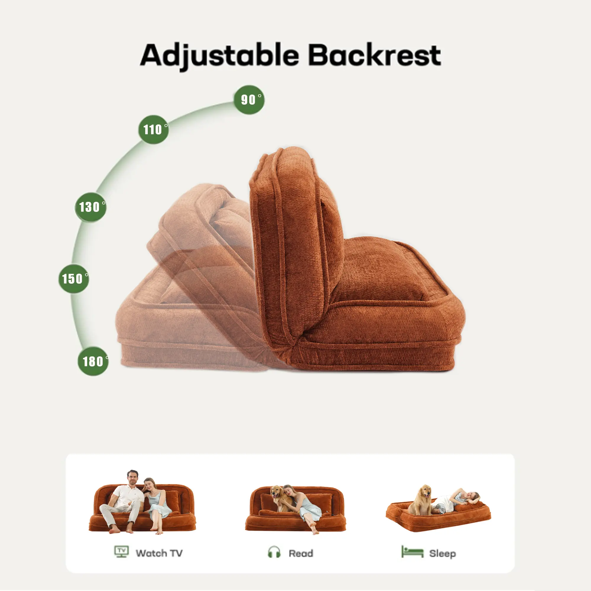 Aukfa Double Human Dog Bed Lazy Sofa Loveseat with Adjustable Backrest, Extra Large 2-Seat Floor Couch with Plump PillowOrange