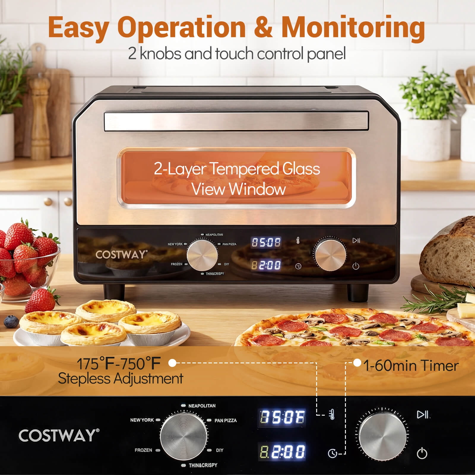Costway Pizza Oven for 12” Pizzas with 6 Presets & 2-Min Rapid Baking Heats up to 750℉