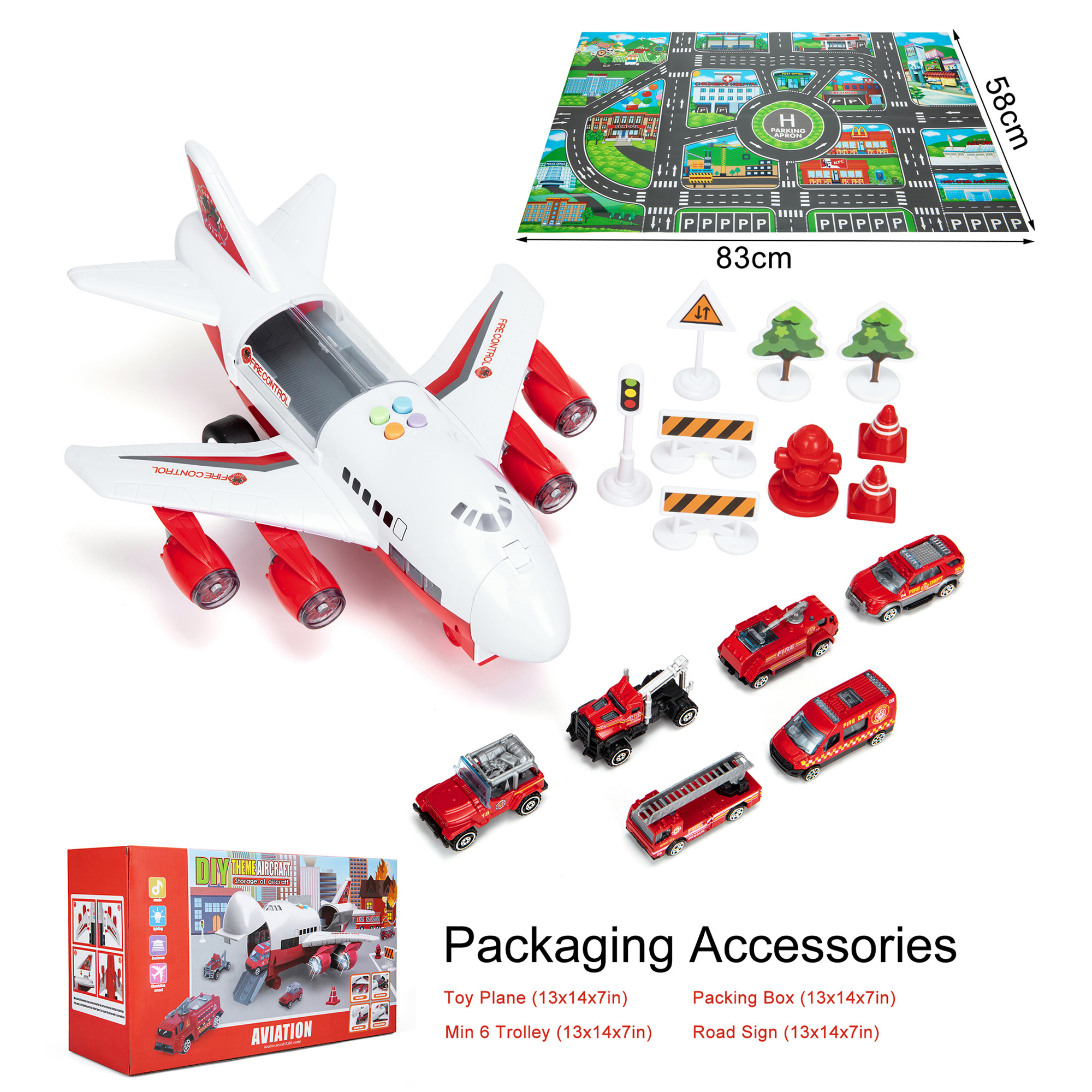DODOING Car Toys Set Airplane Toys with 6 Fire Truck Die-cast Toy Cars ...