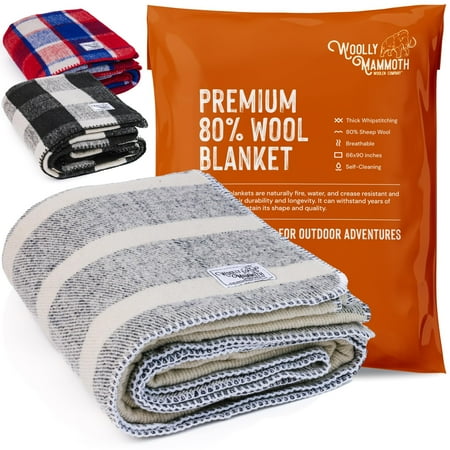 Woolly Mammoth Merino Wool Blanket- 66" x 90" 4 lbs Thick, Outdoor/Indoor Throw for Campfire, Picnic, Beach, Van Life, Home- Farmhouse Collection Heavy Duty Insulating Sleep Plaid, Navy/Cream Stripe