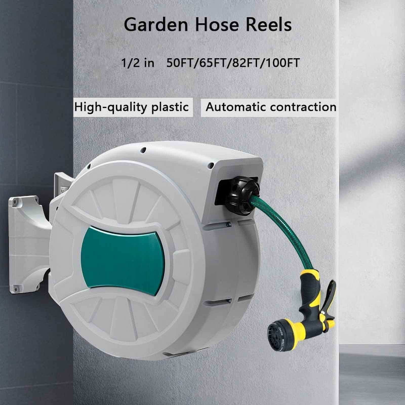 Retractable Hose Reel 50/65/82/100 ft x 1/2 inch, 180° Swivel Bracket Wall-Mounted, Garden Water Hose Reel with Nozzle, Automatic Rewind, Lock at Any Length, and Slow Return System