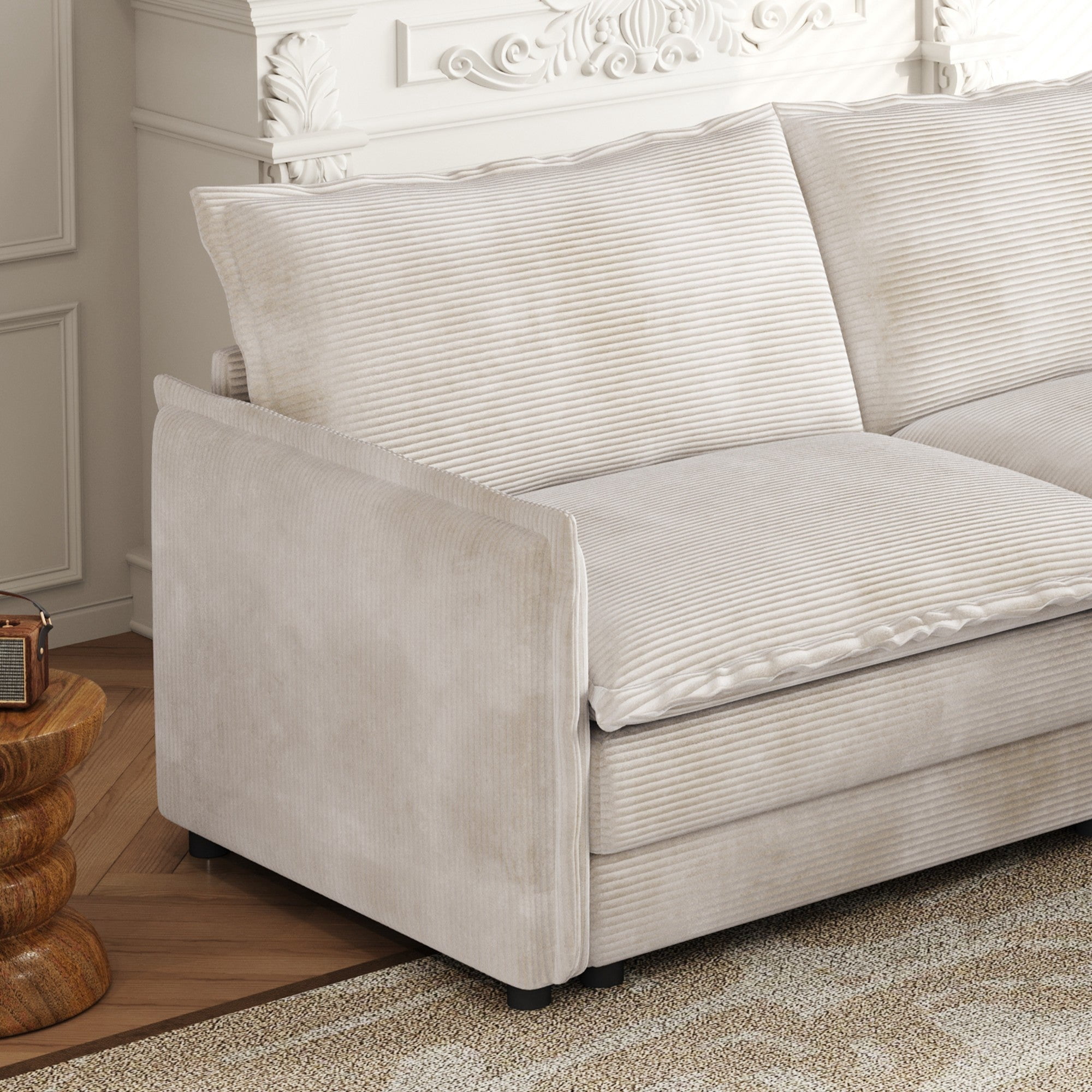 Sailvan 3-Seater Corduroy Sofa with 3 Ottomans, Oversized Deep Seat Cloud Couch for Living Room Beige