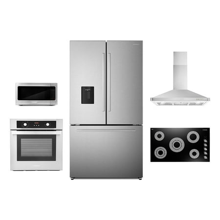 5 Piece Kitchen Package With 36  Electric Cooktop 36  Wall Mount Range Hood 24  Single Electric Wall Oven 17.3  Built-In Microwave & French Door Refrigerator