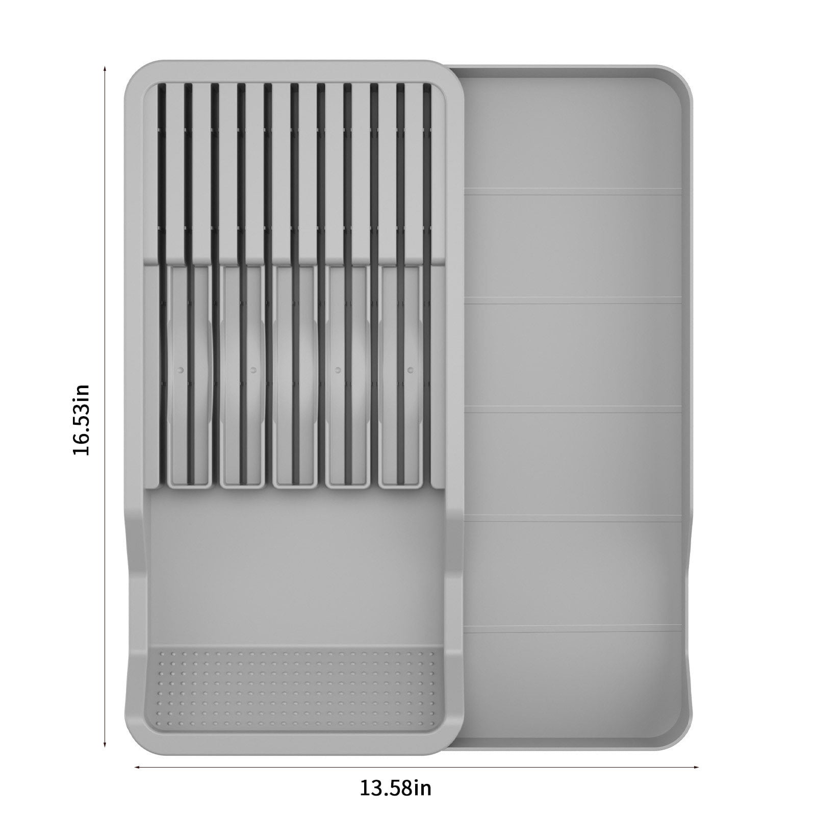 Drawer Organizer for Kitchen Utensils | 11-Knife Capacity Silverware Tray | Detachable Gray Plastic Storage Box (16.53x8.07x2.05 in)