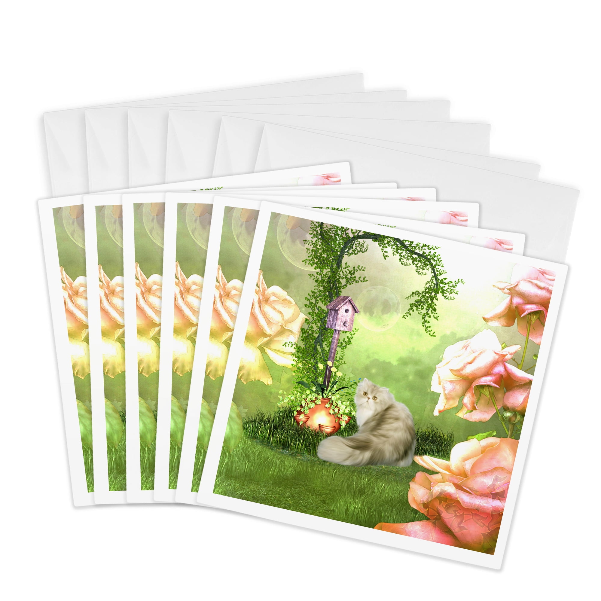 3drose Cute Cat in a Fantasy Garden 6 Greeting Cards with Envelopes
