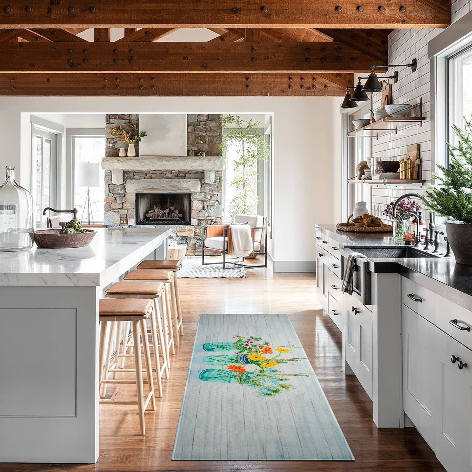 Floral Farmhouse Kitchen Rugs Set 2 Piece Colorful Spring/Summer Flowers Decorative Rugs for Kitchen Low-Profile Floor Mats Decorations for Home Kitchen (17"x48"+17"x24")