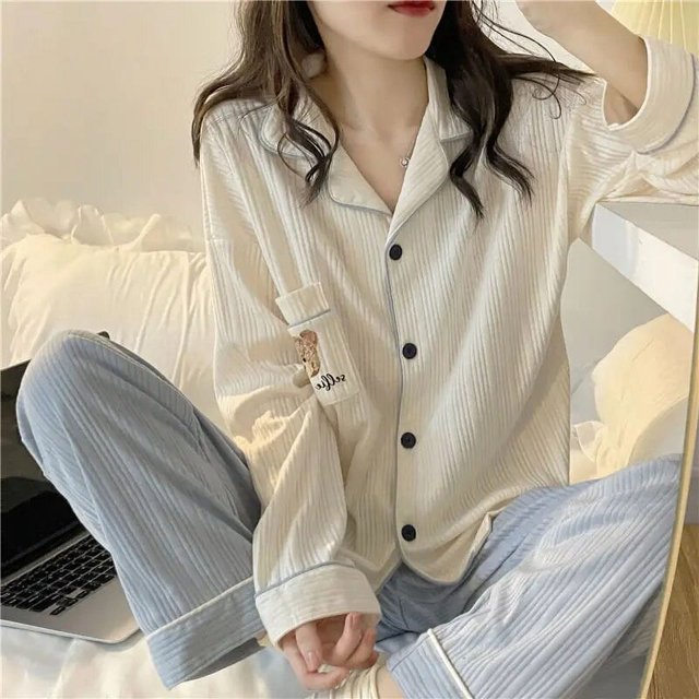 Conjunto de pijama de dibujos animados para mujer, cárdigan de otoño e invierno, dulce, Simple, estudiante, lindo, Primavera