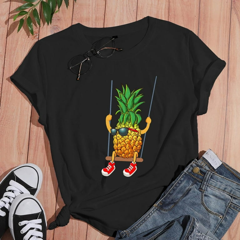Women s Tee Shirts Cute Pineapple Print Short Sleeve O Neck T Shirt Fashion Versatile Pullover Tshirt Walmart