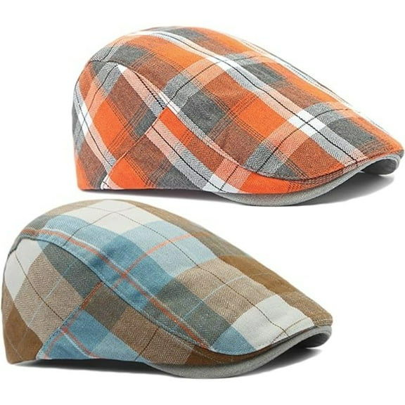 2 Pack Classic Plaid Flat Cap for Men, Adjustable & Breathable, Vintage Newsboy Driver Hat for All Season Casual Wear