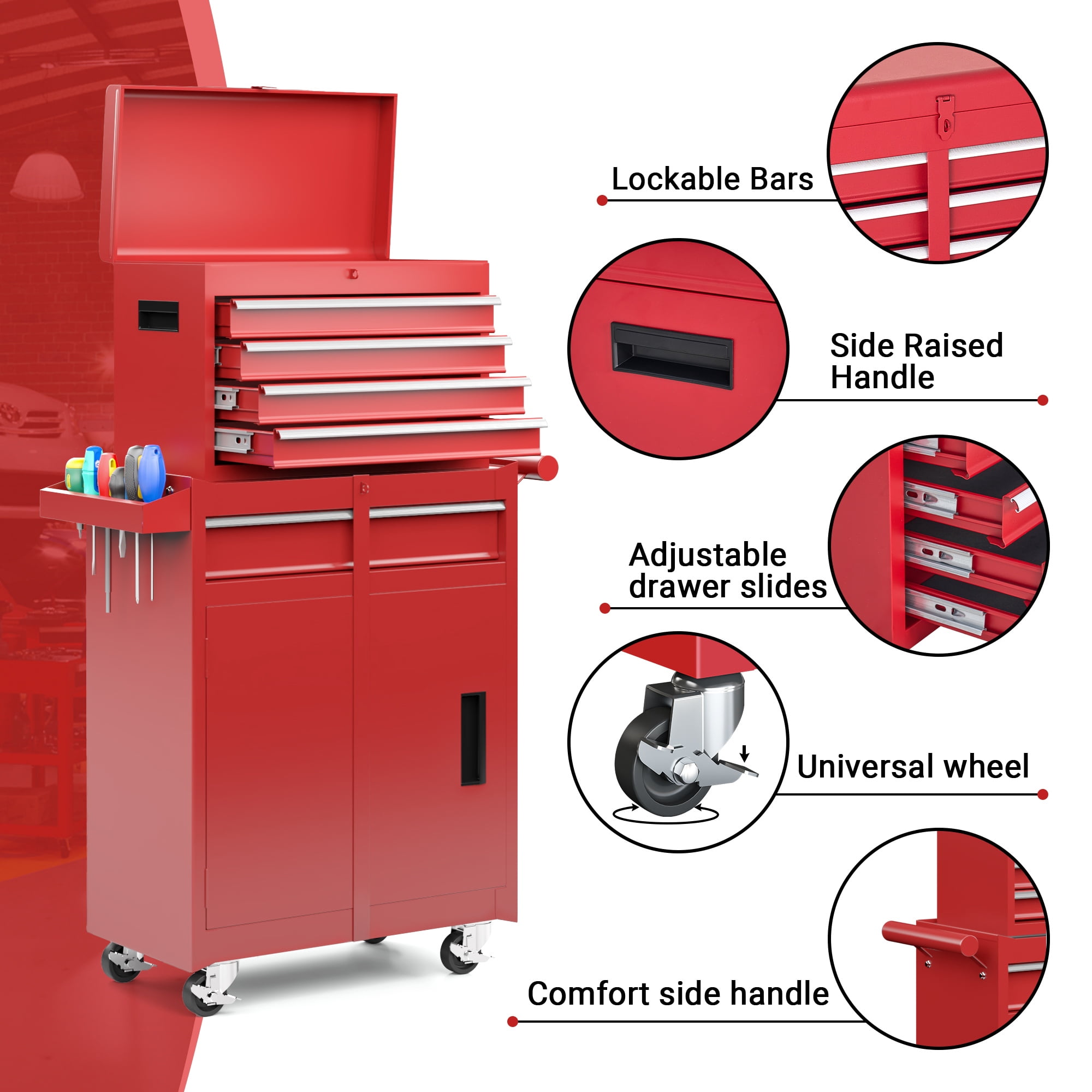 MUCHANT 5-Drawer Rolling Tool Chest, 2-in-1 Tool Box& Cabinet with Wheels, Drawers and Removable Top Tool Box for Garage, Warehouse, Workshop, Repair Shop, Red