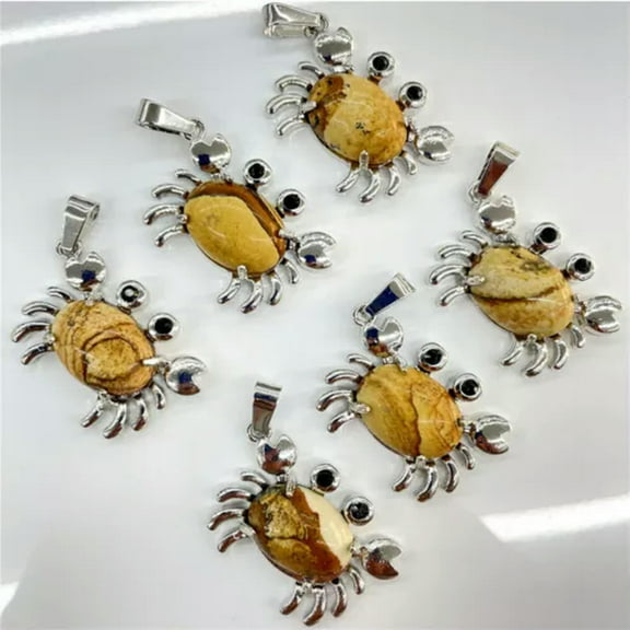 K-KED 12pcs Natural Picture Stone Quartz Crab Pendants Chakra Reiki Healing Amulet