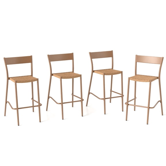 Canddidliike Patio Barstools Set of 4 with Rattan Seat and Metal Backrest, Seating & Patio Chair for Outdoor, Light Brown