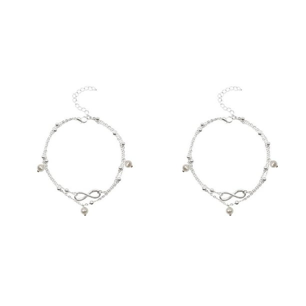 Qarigey Tobilleras para niñas Hermosa joyería única Adorno Accesorio de moda Pies Cadenas para la decoración del vestido Perla / 8 formas Perla/forma 8 Plata 2piezas
