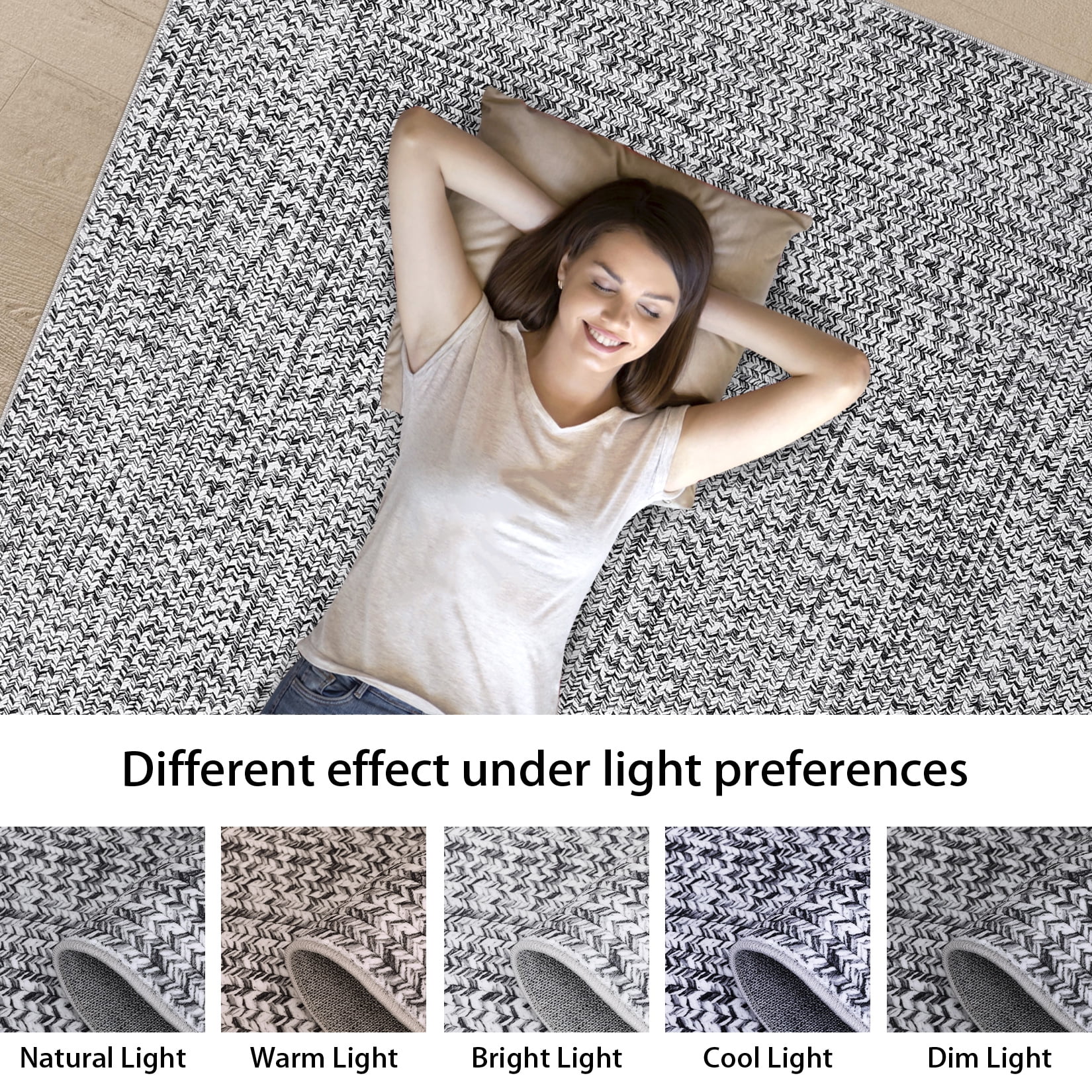 Garvee 9'x12' Large Area Rugs Braided Print Rug, Machine Washable Indoor Rug Non-Slip Low Pile Farmhouse Solid Carpet for Bedroom, Living Room, Dining Room Office, Gray