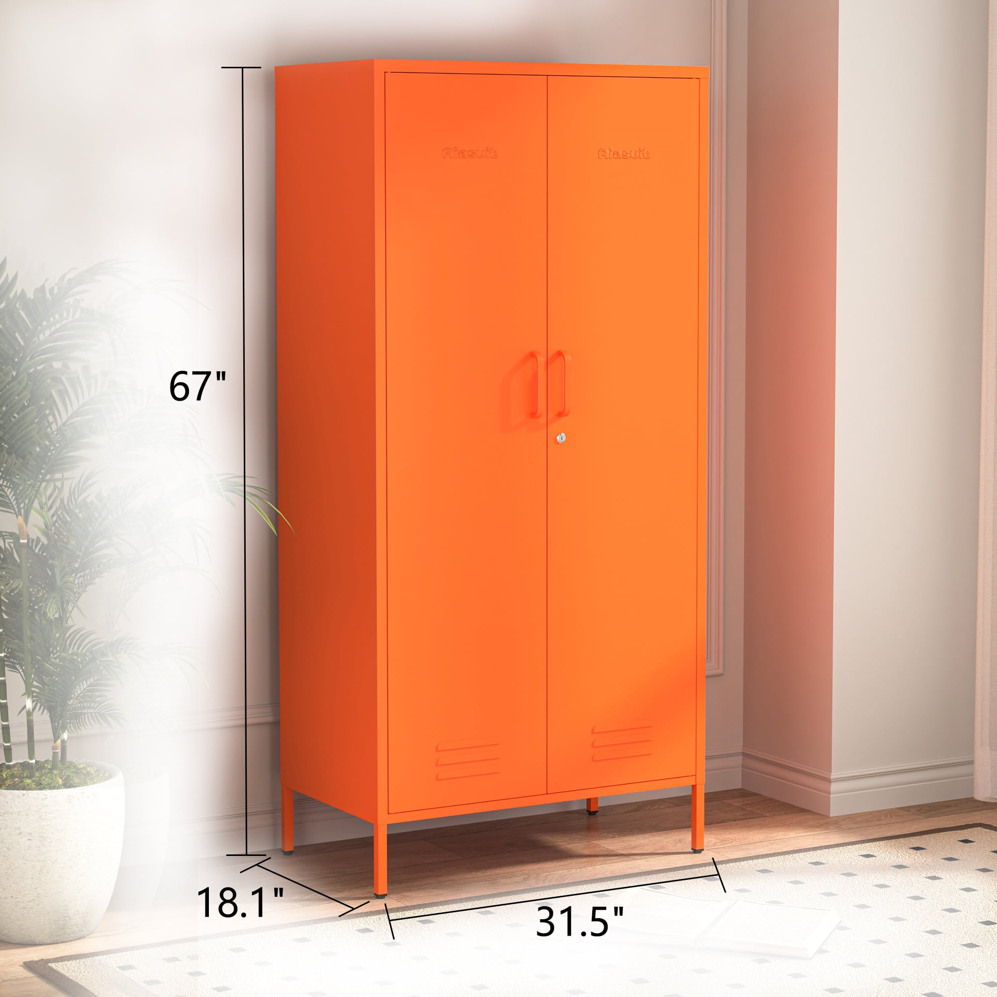 2 Door Wardrobe 67 Inch Orange Metal Storage Cabinet with Hanging