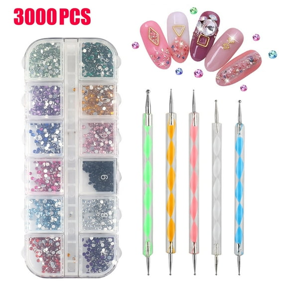 Nail Art Supplies, Nail Art Tools Set with 3000 Pcs Nails Crystals Glitter Rhinestones & 5 Pcs Art Dotting Pen, Nails Glitter Rhinestones and Nail Diamonds Rhinestones Kit