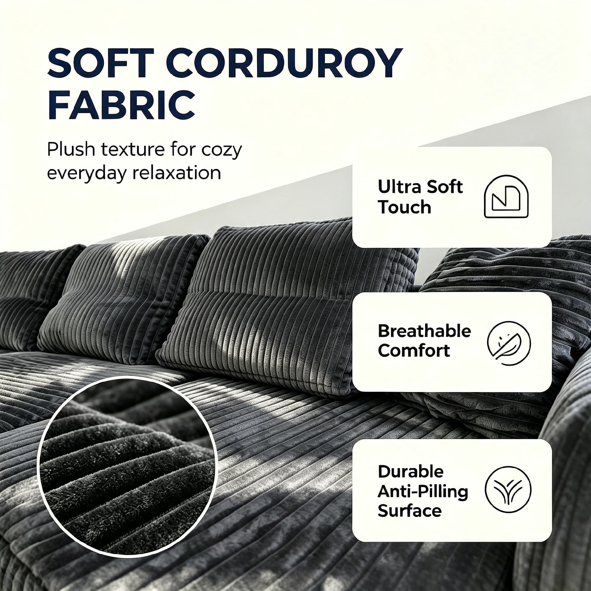 U Shape Cloud Sectional Sofa 131 Inch, Modular Corduroy Couch for Living Room Bedroom, No Assembly Required, Gray