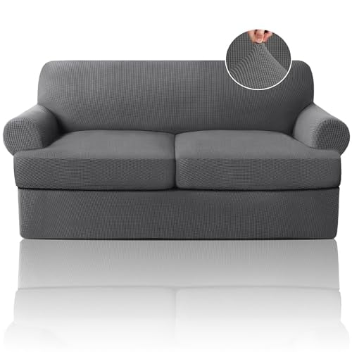 Stretch Sofa Cover Set for T-Cushion Loveseats, 3-Piece Washable Slipcover with 2 Individual Seat Covers, Fits Width Up to 76 Inches, Modern Grey Fabric