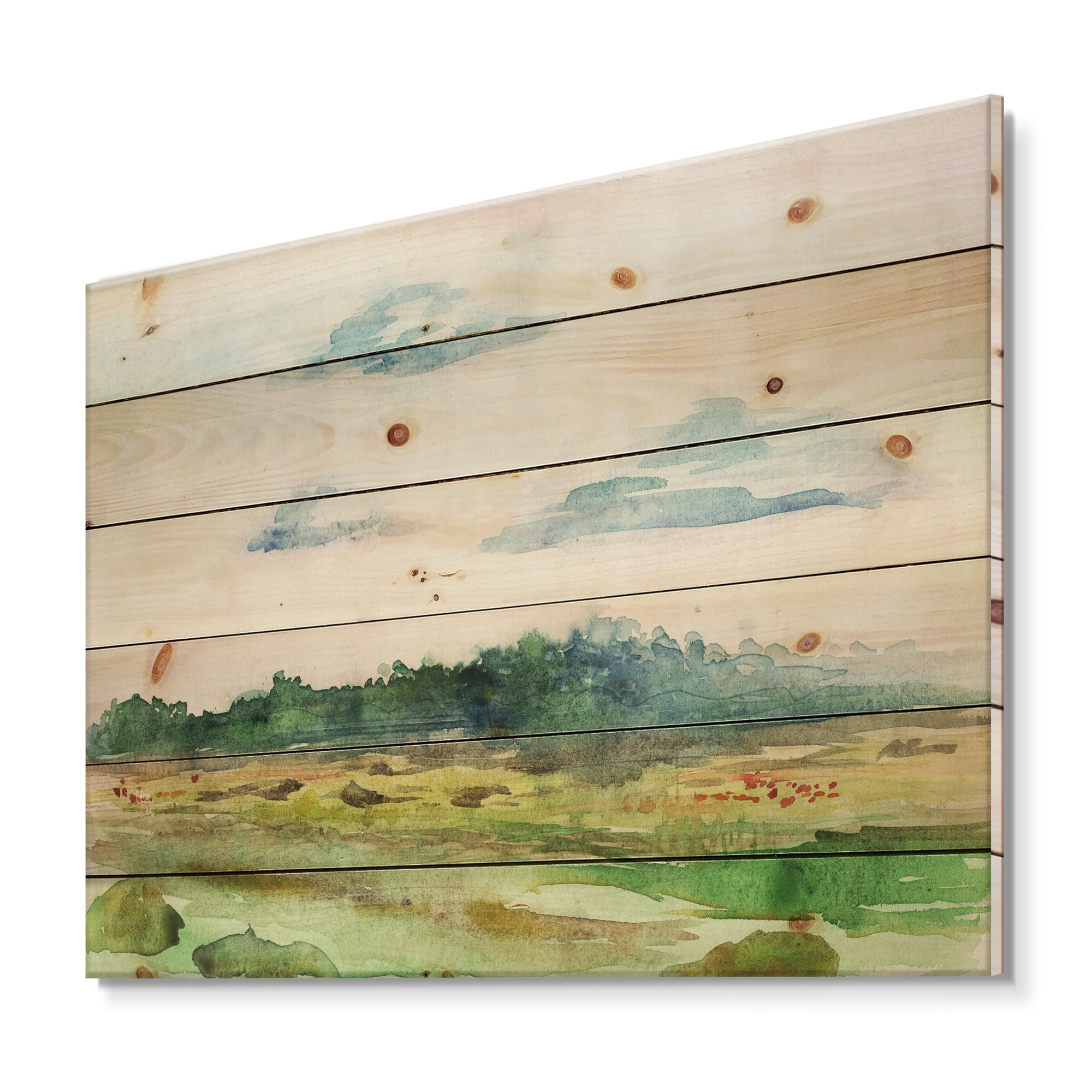 Designart 'Summer Landscape Of Green Blossoming ' Traditional Print on Natural Pine Wood