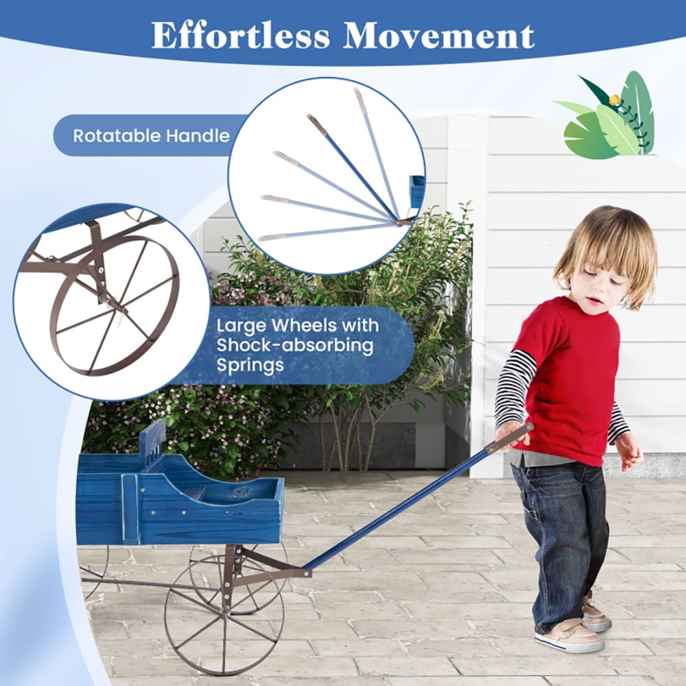 Resenkos Raised Planter Boxes, Large Space Elevated Flower Beds,Wooden Wagon Plant Bed with Metal Wheels for Garden Yard Patio-Blue
