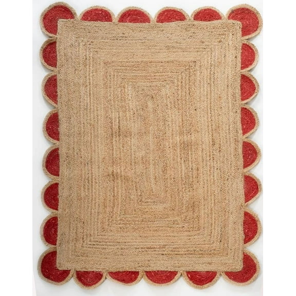 Handwoven Natural Jute Red Scalloped Rugs , Home Décor Jute Carpet 2 x 3 Feet ( 60 cm x 90 cm )Rectangle