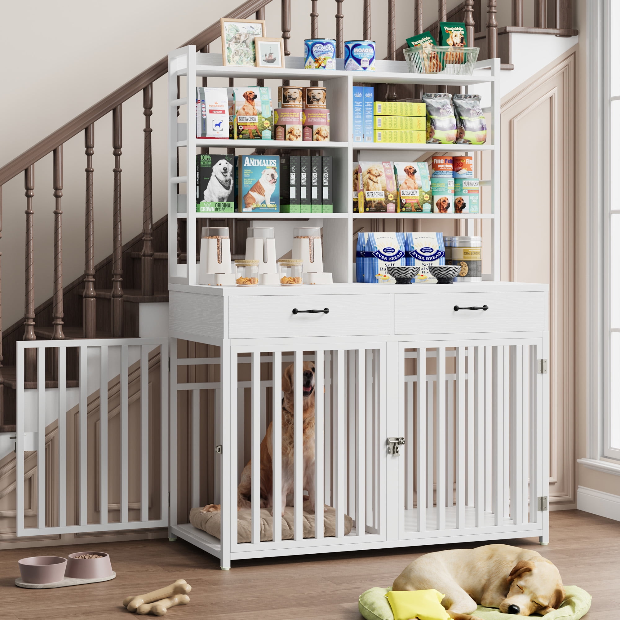 Homfa Dog Crate with 2-drawers and Storage Shelves, Indoor Furniture Style Metal Large Dog Kennel, White