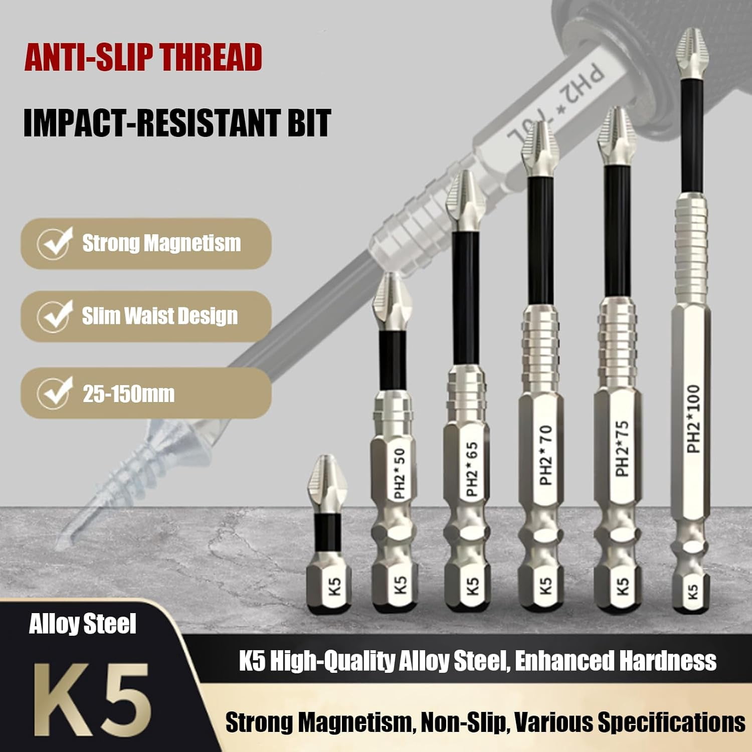 MKEUDQ-High Magnetic Screwdriver Drill Bit Set, 9Pcs K5 Impact-Resistant and Non-Slip Bit, Impact Driver Bit Set, Anti Slip Strong Magnetic Electric Screwdriver Set, 25/50/65/70/75/90/100/120/150mm
