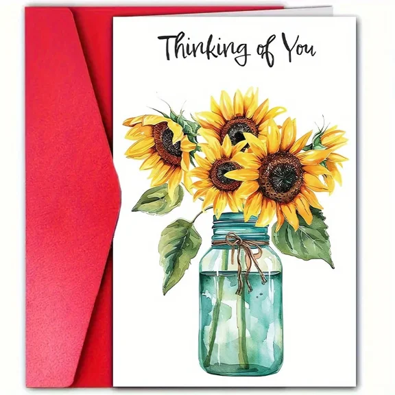 Thinking of You Greeting Card with Sunflower Design – Beautiful Floral Artwork – Envelope Included, Blank Inside – Perfect for Any Occasion