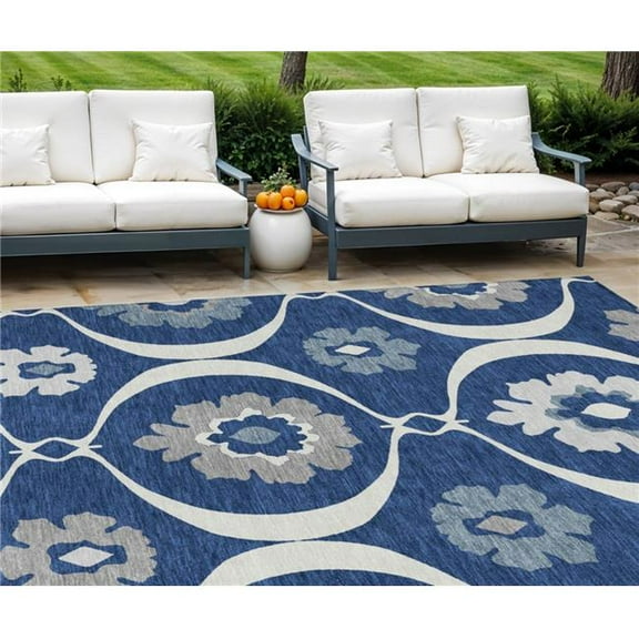 HomeRoots 589629 8 x 10 ft. Medallion Washable Indoor & Outdoor Rectangle Area Rug, Navy Blue & Ivory