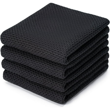KKFEN-4-Pack Dish Towels 100% Cotton Waffle Weave Ultra Soft Absorbent Quick Drying Black 13x28 Inches