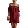 thumbnail image 3 of Summer Mini Dresses for Womens 2026 Fashion Plus Size Cotton and Linen Solid Color Short Sleeve Off--Shoulder Dress Pockets Mini Dresses, 3 of 9