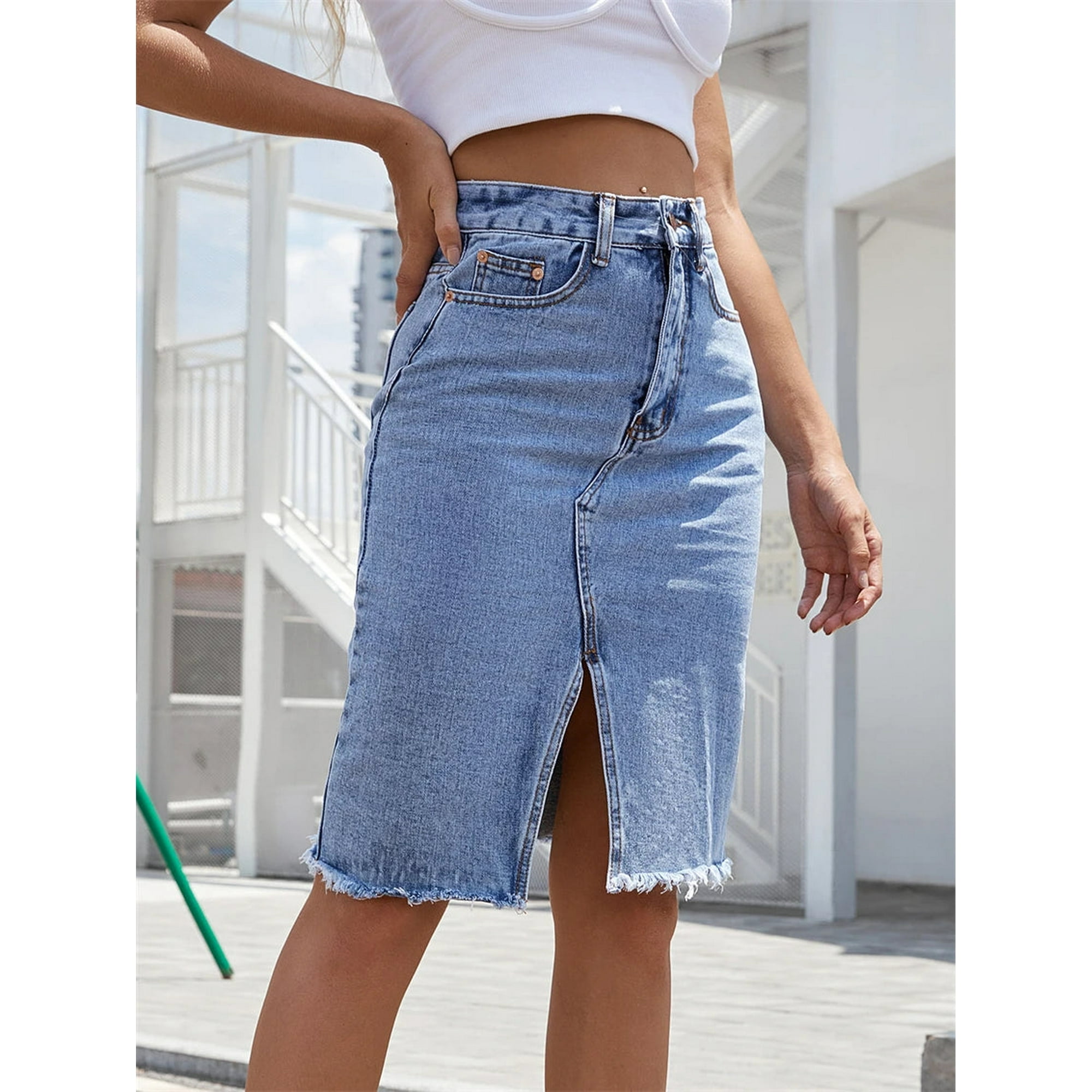 Women s Front Slit Blue Denim Skirt Pockets High Waist Slim Zipper Fly Midi Skirts Female Casual Streetwear Walmart