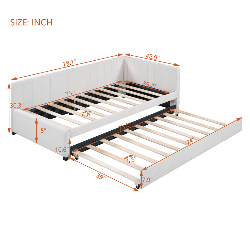 Aukfa Daybed with Trundle, Twin Size Upholstered Bed Frame, Beige