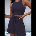 thumbnail image 4 of Conjuntos de Verano para Mujer, Conjunto Informal de 2 Piezas con Top Corto y Pantalones Cortos de Punto Gofre, Ropa de Dormir, Azul Marino, Talla S, 4 of 8