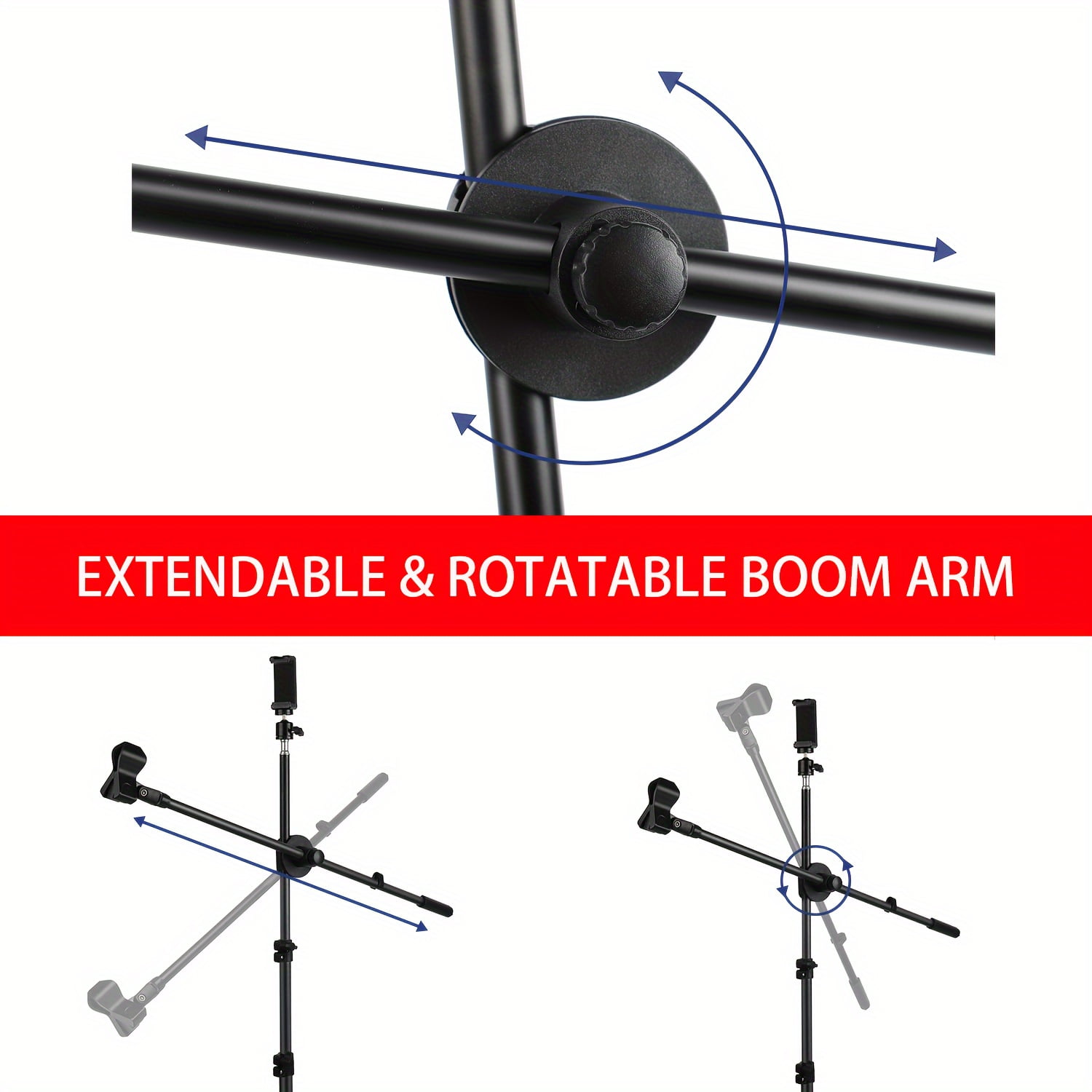 General's Adjustable Mic Stand with Boom Arm, Dual Clips & Phone Holder for Live Events, Weddings, Stage Performances & Christmas Gifts