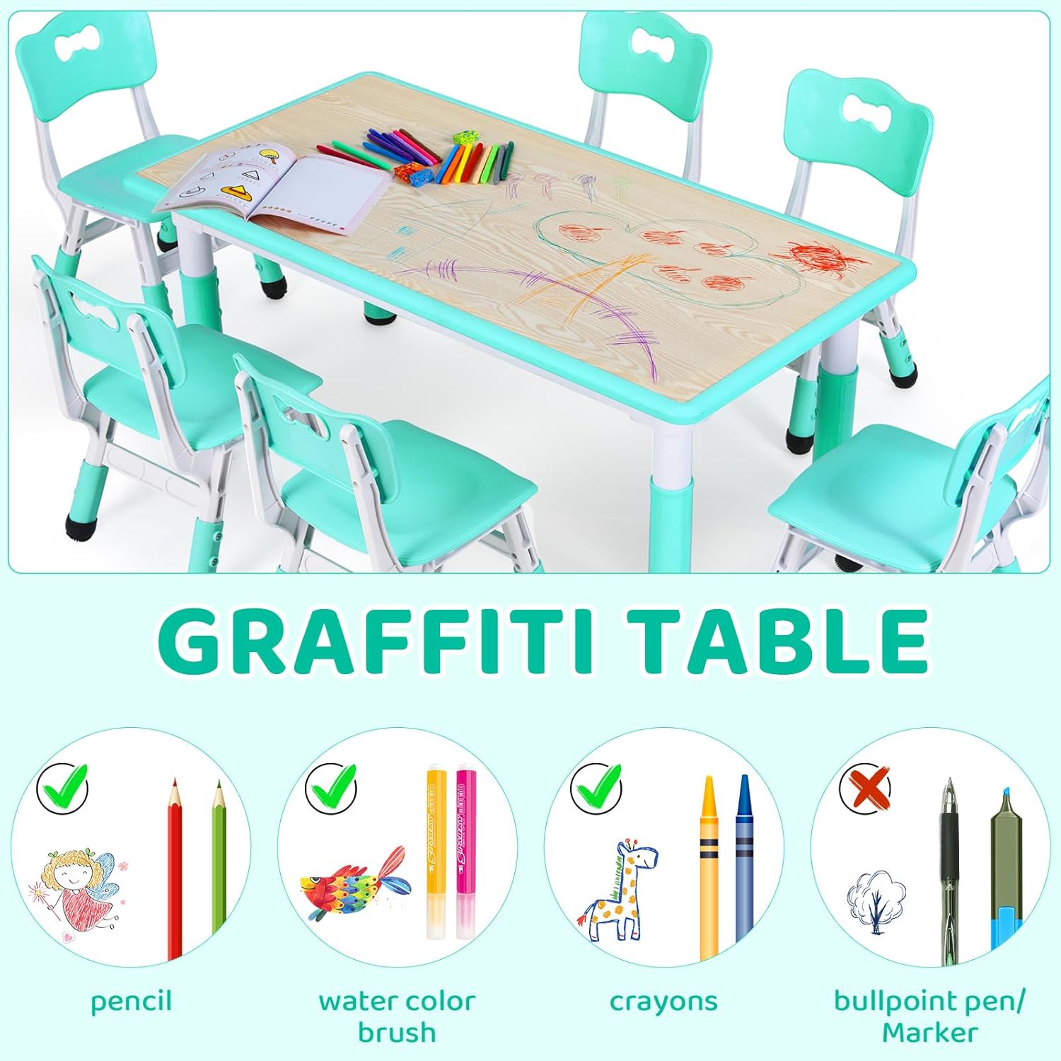 Pirecart Kids Table and Chairs Set Height Adjustable Graffiti Table, Preschool Activity Art & Craft Table and Chairs Set, Green