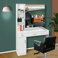 thumbnail image 3 of Barber Station with Mirror, Hair Salon Station for Hair Stylist, Wall Mount Salon Beauty Spa Equipment with 3 Hair Dryer Holders & Open Shelves, 2 Drawers, 1 Storage Cabinet, Black, 3 of 13
