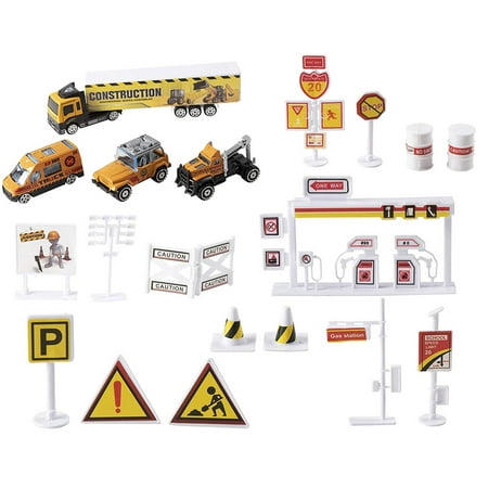 Juvale Construction Site and Road Sign Playset for Kids - 19-Piece Engineering Toy Set with Big Trucks, Towing Vehicle, Street Traffic Signs, Best Gift for