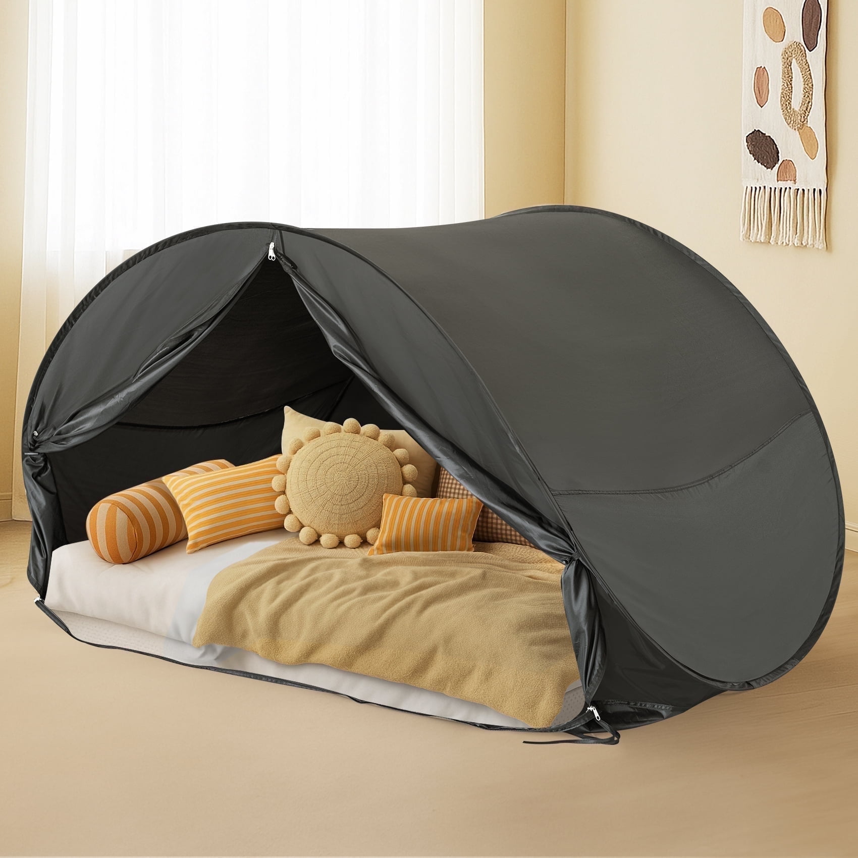 Bed Tent Full Size, Leedor Pop-Up Sleep Canopy Privacy Light-Blocking Bed Shelter with Mosquito Mesh Sleeping Tent for Kids and Adults Black