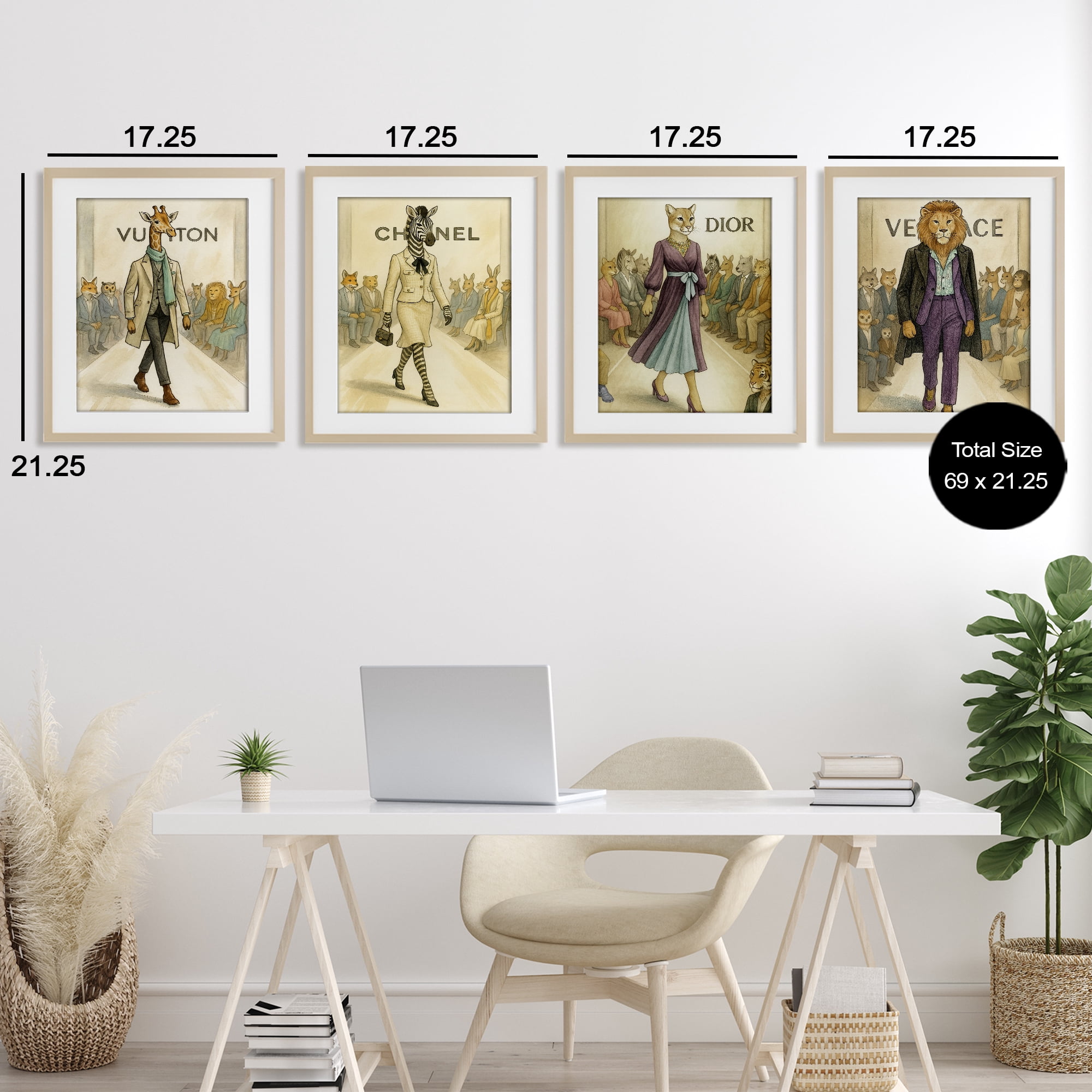 Stupell Industries Fashion Runway Animals 4 Piece Birch Framed Print Under Glass Set, design by Grotto Studios